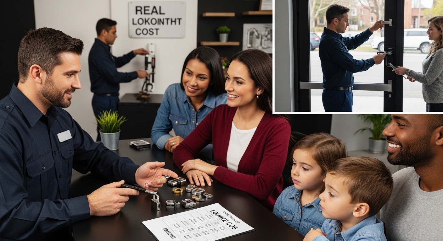 locksmith pricing consultation, modern locksmith workshop, customer service